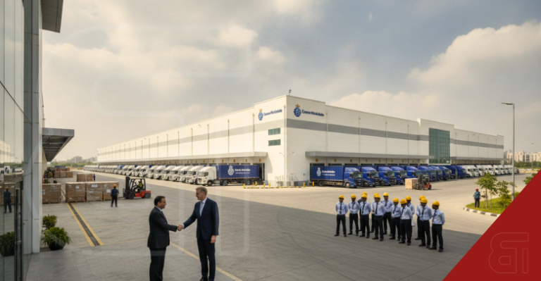 Two executives shake hands in front of the new Crown Worldwide logistics facility in Gurugram, featuring a massive warehouse, a fleet of blue trucks, and workers in yellow hard hats.
