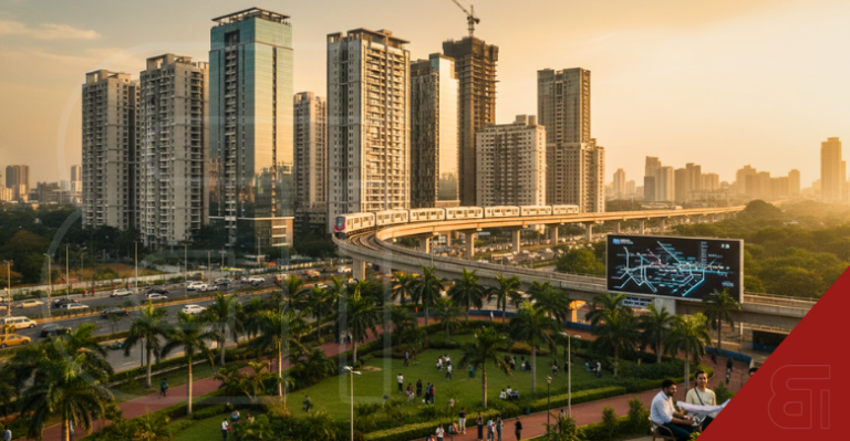 Elevated metro train passing modern high-rise buildings and a lush park in Bengaluru reflecting the city real estate boom.