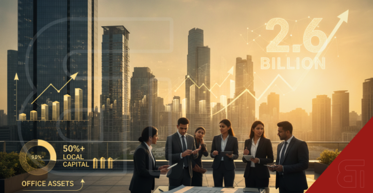 Business professionals on a city rooftop with financial graph overlays showing a 2.6 billion real estate surge and local capital growth