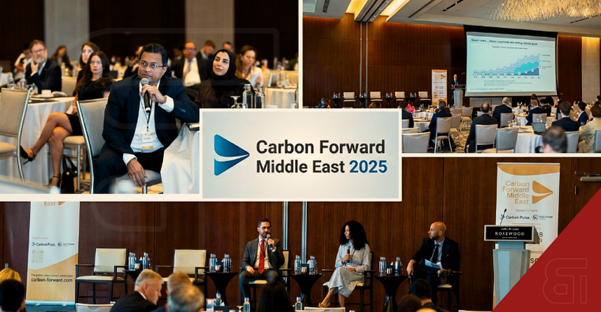 Montage of speakers and attendees at Carbon Forward Middle East discussing carbon markets and climate finance.
