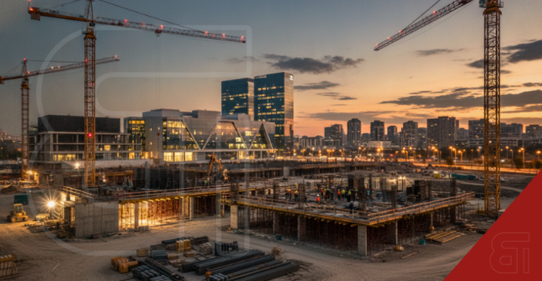 Large Embassy Developments construction site at dusk with cranes building the foundation
