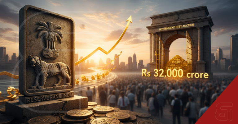 3D illustration featuring the Reserve Bank of India logo, rising golden market arrow, and Rs 32000 crore government debt auction text