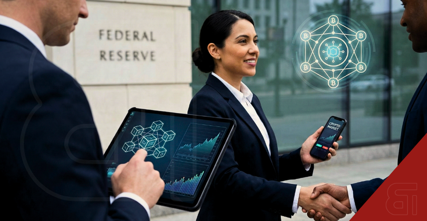 Business professionals shaking hands in front of the Federal Reserve building, holding devices displaying crypto market charts and holographic blockchain network symbols, representing the merger of traditional banking and fintech.