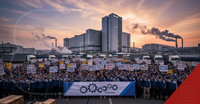 AI-generated image of Samsung factory workers on strike holding banners outside a large manufacturing plant at sunset.