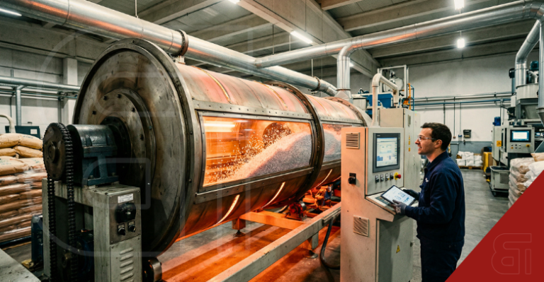 Factory worker monitoring an infrared rotary dryer processing plastic PET pellets
