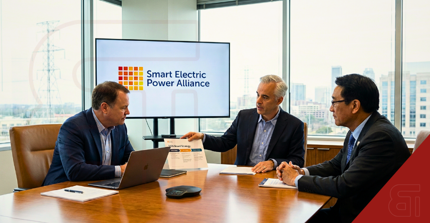 SEPA Board members Jeff Guldner, Bryan Hannegan, and Paul Lau discussing the 2026 Board Strategy document in a conference room with the Smart Electric Power Alliance logo on the screen.