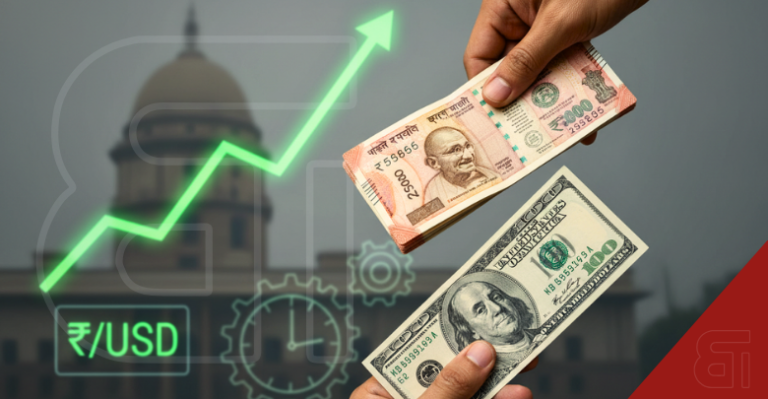 Hands holding Indian Rupee and US Dollar bills with a rising green arrow graph representing currency exchange rates.