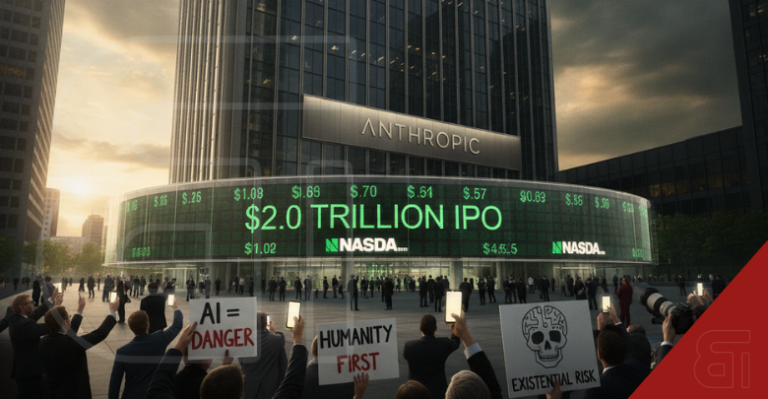 Traders in suits look up at a stock exchange screen displaying ANTHROPIC: AI IPO and a 2 trillion USD valuation with an existential risk warning.