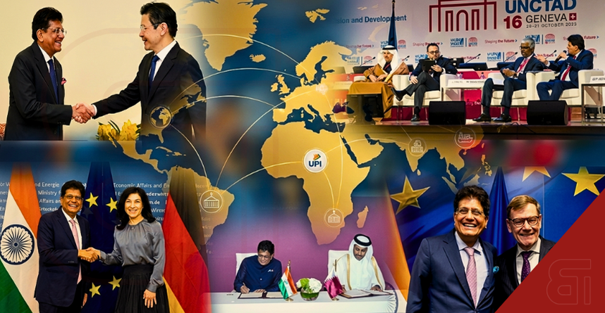 A collage showing Indian Commerce Minister Piyush Goyal shaking hands with European leaders, signing agreements in Qatar, and participating in a panel discussion at the UNCTAD 16 conference in Geneva, with a world map in the background.