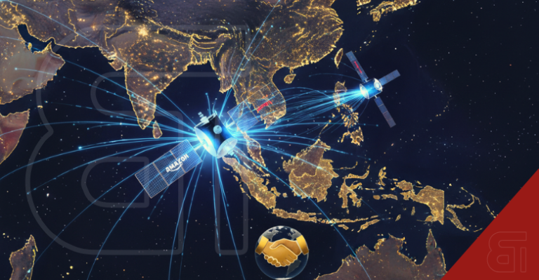 Illustration of Amazon satellites orbiting Earth over Asia beaming internet connections alongside a Globalstar partnership handshake logo.