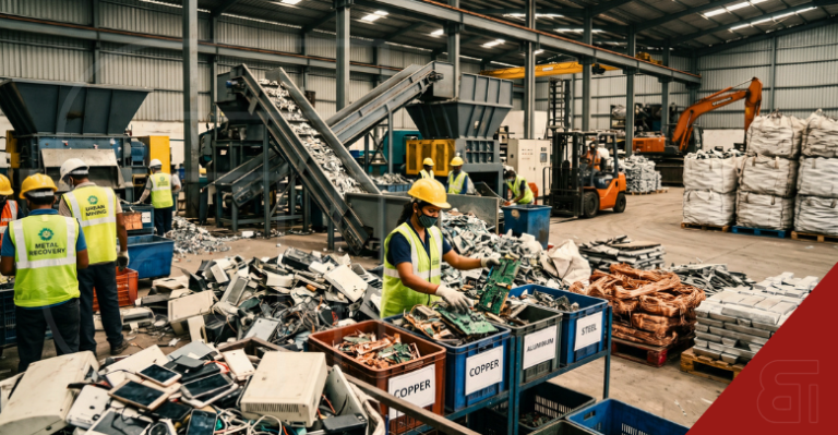 Workers in an Indian urban mining facility sorting e-waste and recycling metals like copper and aluminum.