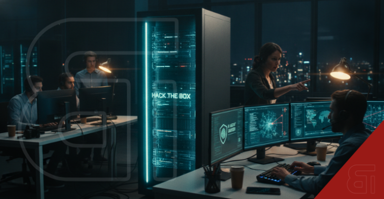 A glowing server tower displaying the words HACK THE BOX stands in a modern dimly lit cybersecurity control room while professionals work on multiple monitors showing network data.