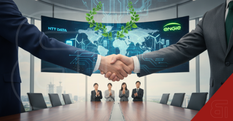 Business executives shaking hands in front of a futuristic screen displaying NTT DATA and ENGIE logos with green energy graphics.