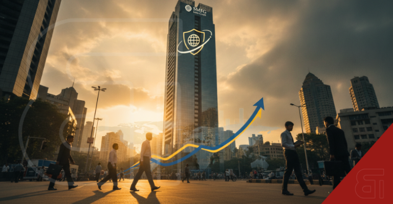 Business professionals walk near SMFG India Credit building with an upward growth arrow and global map overlay.