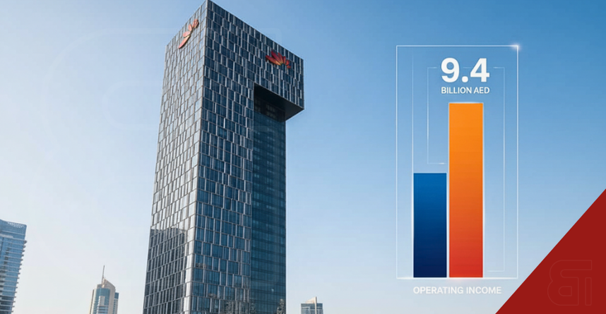 Mashreq Bank headquarters tower building with Dubai skyline backdrop. Operating income bar chart showing AED 9.4 billion growth. Professional financial performance infographic displaying quarterly results, asset growth milestones & banking sector performance metrics in modern corporate design.