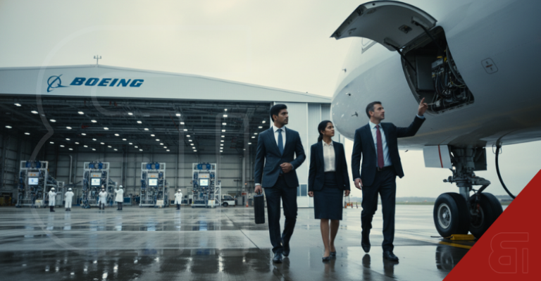 Indian aviation officials and Boeing representatives inspecting an aircraft outside a Boeing hangar in Seattle