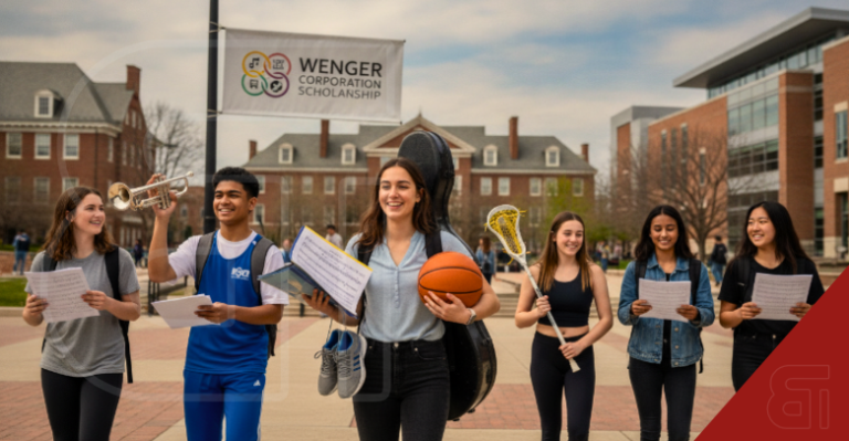 Smiling diverse high school students walking together on a sunny campus carrying a trumpet, sheet music, a basketball, and a lacrosse stick. A white banner overhead reads Wenger Corporation Scholarship.