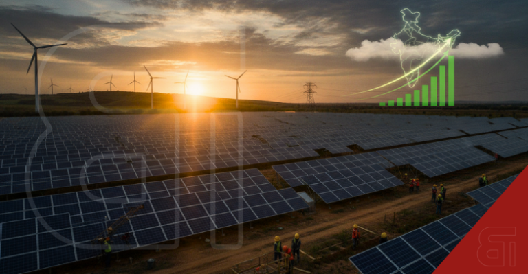 Solar panels and wind turbines in India at sunset with upward green energy growth chart overlay