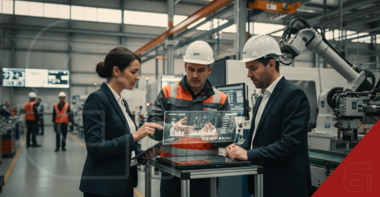Three professionals, two in business attire and one in a high-visibility safety vest and hard hat, analyze data on a floating holographic display in a modern, automated manufacturing plant.