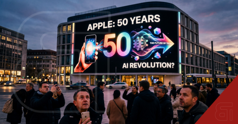 Crowd looking at a city billboard displaying Apple 50 Years and questioning the AI Revolution