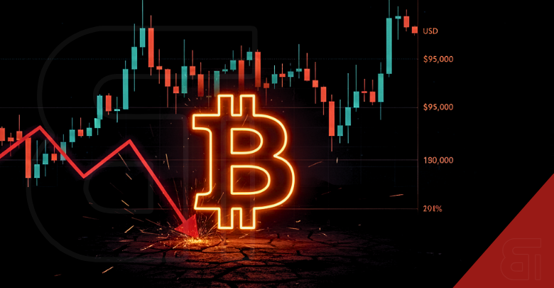Bitcoin price volatility concept art with neon orange Bitcoin symbol cracked on the ground. Red arrow sharply descending across a digital trading chart displaying candlestick bars. USD price scale highlights Bitcoin falling below 95,000 amid turbulent crypto market conditions and weak investor sentiment.