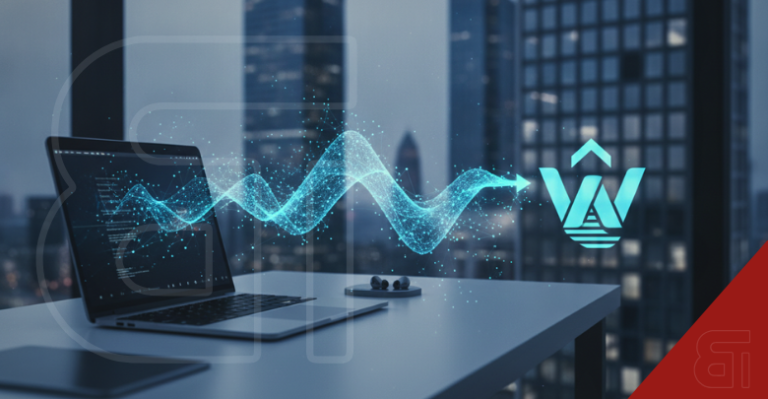 Laptop displaying glowing blue data wave flowing to Wispr Flow logo in modern office setting representing AI productivity tool.