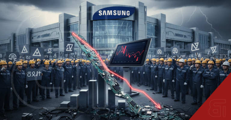 AI-generated illustration of Samsung workers on strike outside headquarters with a broken semiconductor and a crashing stock chart.
