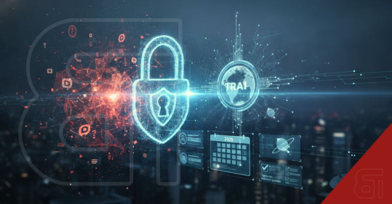 Glowing digital padlock and TRAI globe over a futuristic city representing cybersecurity and new telecom regulations to stop spam calls.