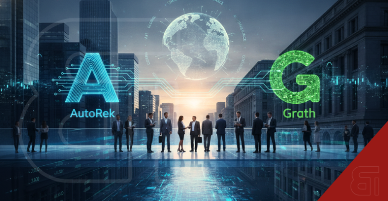 AutoRek and Grath logos in a futuristic city representing the AI financial controls acquisition