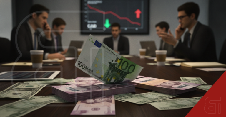 A 100 Euro banknote falling onto stacks of Canadian dollars on a boardroom table, with blurred financial executives in the background analyzing a declining market chart.