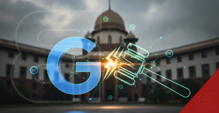 3D blue G logo and digital gavel clashing before a court building representing Google trademark keyword bidding lawsuit