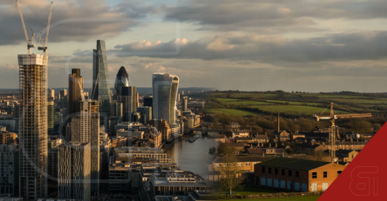 Split view of London skyline office construction versus a quiet regional UK town with minimal development.