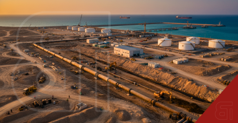 Aerial view of the UAE Fujairah pipeline construction site with heavy machinery, storage tanks, and a coastal port bypassing the Strait of Hormuz.