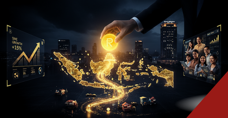 Business hand placing Indonesian rupiah over glowing map of Indonesia archipelago with SME growth charts showing 15% increase, illustrating government's $604 million regional bank funding strategy