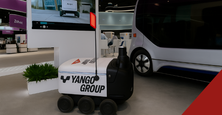 Yango Group autonomous delivery robot navigating Dubai street with meals and groceries in pilot with ROOTS and Expo City Dubai, completing 1,300 km fully electric routes.