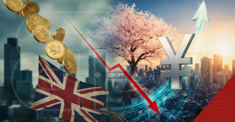 Illustration of GBP/JPY exchange rate decline showing falling British Pound coins and a downward trend line alongside a rising Japanese Yen symbol and upward arrow over a city skyline.