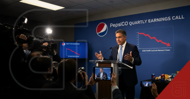 A PepsiCo executive speaks at a podium during an earnings press conference with a downward red trend graph on the screen behind him, while journalists in the foreground take photos.