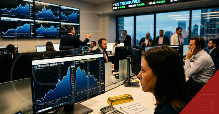 Financial traders analyzing US Treasury Yields and Spot Gold Price charts on a busy trading floor.