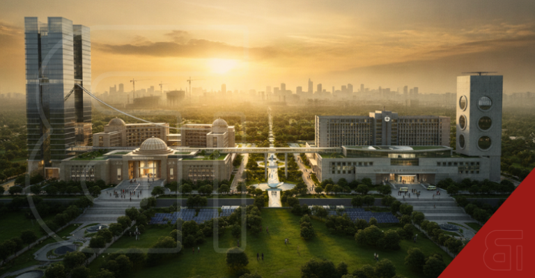 Architectural rendering of a massive Tata Trusts healthcare and education mega institution campus at sunrise.
