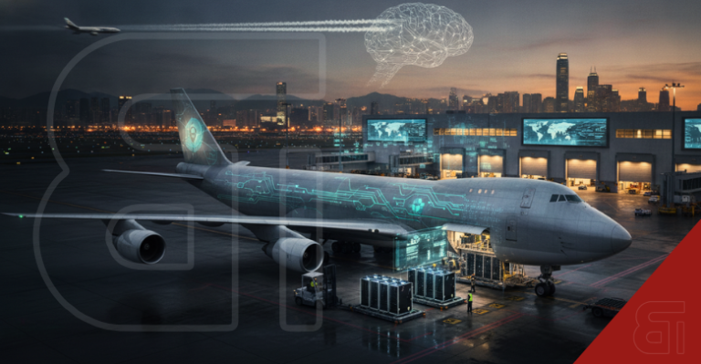 Digital rendering of a cargo plane loading tech hardware at an Asian airport, featuring glowing circuitry overlays and a holographic AI brain.