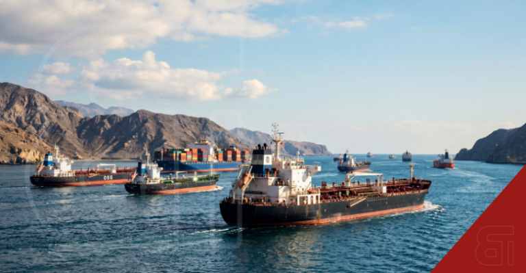 Multiple oil tankers and cargo ships navigating through the rocky Strait of Hormuz under a partly cloudy sky.