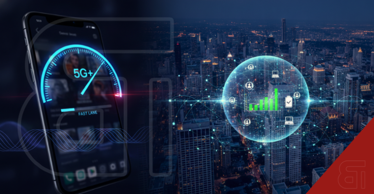 Smartphone showing 5G+ fast lane network speeds over a connected smart city skyline at night representing Airtel priority slicing