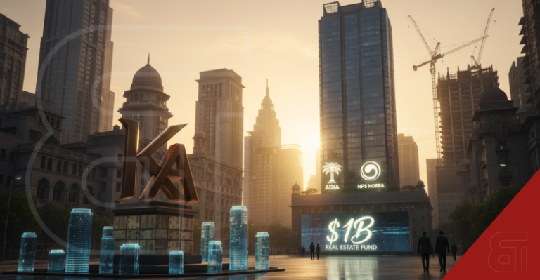 AI-generated city skyline featuring a KA monument ADIA and NPS Korea logos and a 1B dollar real estate fund billboard representing Kotak Alts