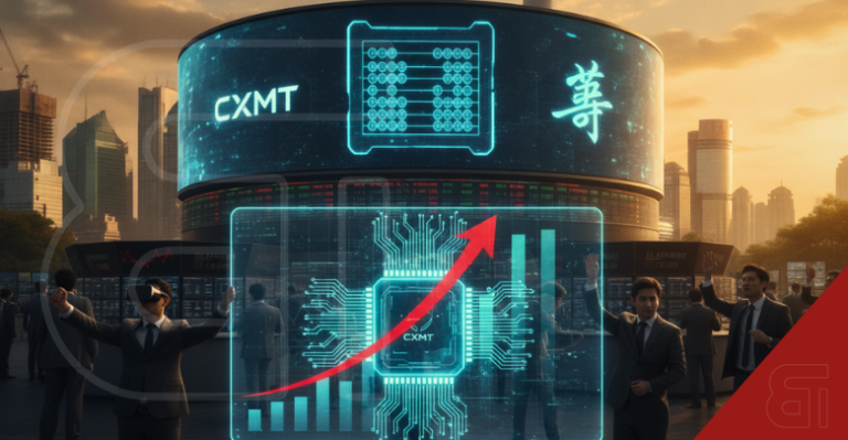 Futuristic digital display showing CXMT logo, an AI microchip, and a rising red stock chart arrow as businessmen celebrate.