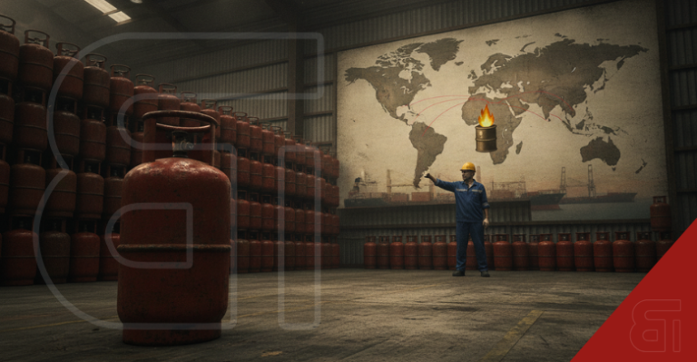 Warehouse stacked with red LPG cylinders and a worker pointing to a world map depicting shipping routes and a burning oil barrel.
