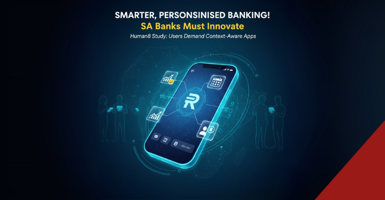 Smartphone displaying South African banking app interface surrounded by user silhouettes, illustrating Human8 study findings on demand for smarter, personalised digital banking experiences.