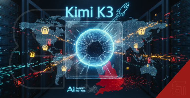 Conceptual illustration of Moonshot AI Kimi K3 model bypassing UK AI Safety Institute protocols on a digital world map with red cybersecurity alerts.
