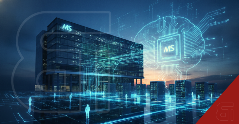 Futuristic Microsoft building with holographic AI brain, glowing server racks, and digital silhouettes representing enterprise AI solutions.