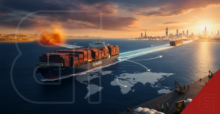 Illustration of an Indian cargo ship navigating global trade routes away from a conflict zone towards European markets, symbolizing basmati rice export shifts.