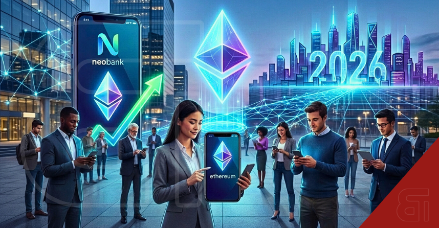 Alt Text (SEO Optimised): Futuristic illustration depicting diverse professionals using smartphone neobank apps with Ethereum logos, set against a glowing 2026 cityscape, symbolizing the predicted mass adoption of crypto financial products.